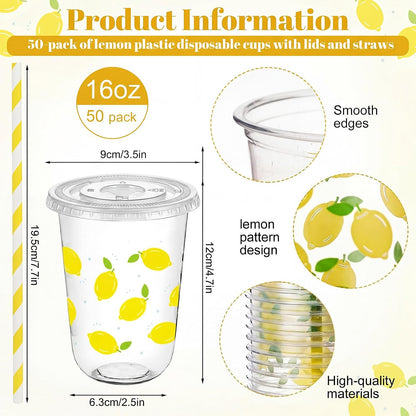 50 Sets Yellow Lemon Clear Plastic Cups with Lids & Straws 16 oz Party Tumblers for Iced Coffee, Smoothies, Juice & More Cute Disposable Pet Mugs for Birthdays & Gatherings