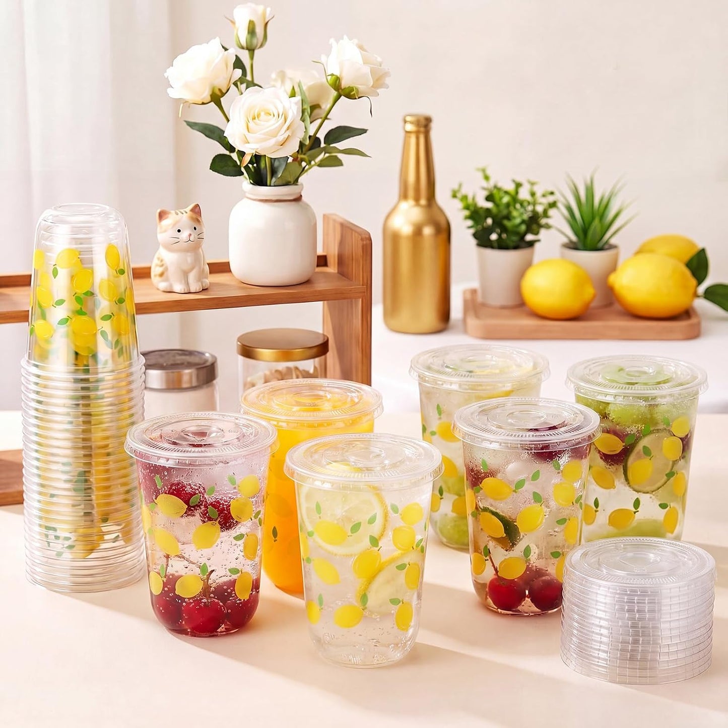 50 Sets Yellow Lemon Clear Plastic Cups with Lids & Straws 16 oz Party Tumblers for Iced Coffee, Smoothies, Juice & More Cute Disposable Pet Mugs for Birthdays & Gatherings