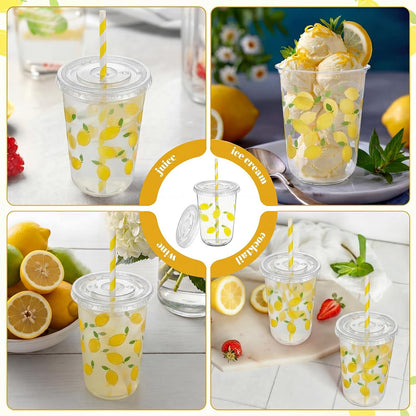 50 Sets Yellow Lemon Clear Plastic Cups with Lids & Straws 16 oz Party Tumblers for Iced Coffee, Smoothies, Juice & More Cute Disposable Pet Mugs for Birthdays & Gatherings