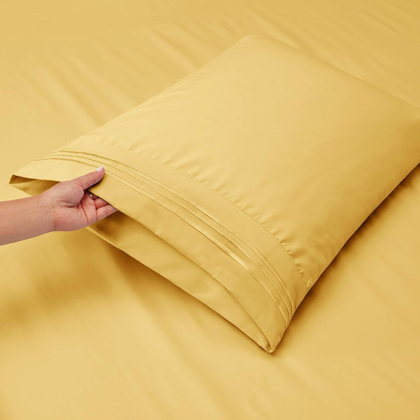 Queen Size Sheets - 4 Piece Bed Sheet Set, Hotel Luxury Double Brushed Bed Sheets - Extra Soft Bedding Sheets & Pillowcases, Queen, Mellow Yellow