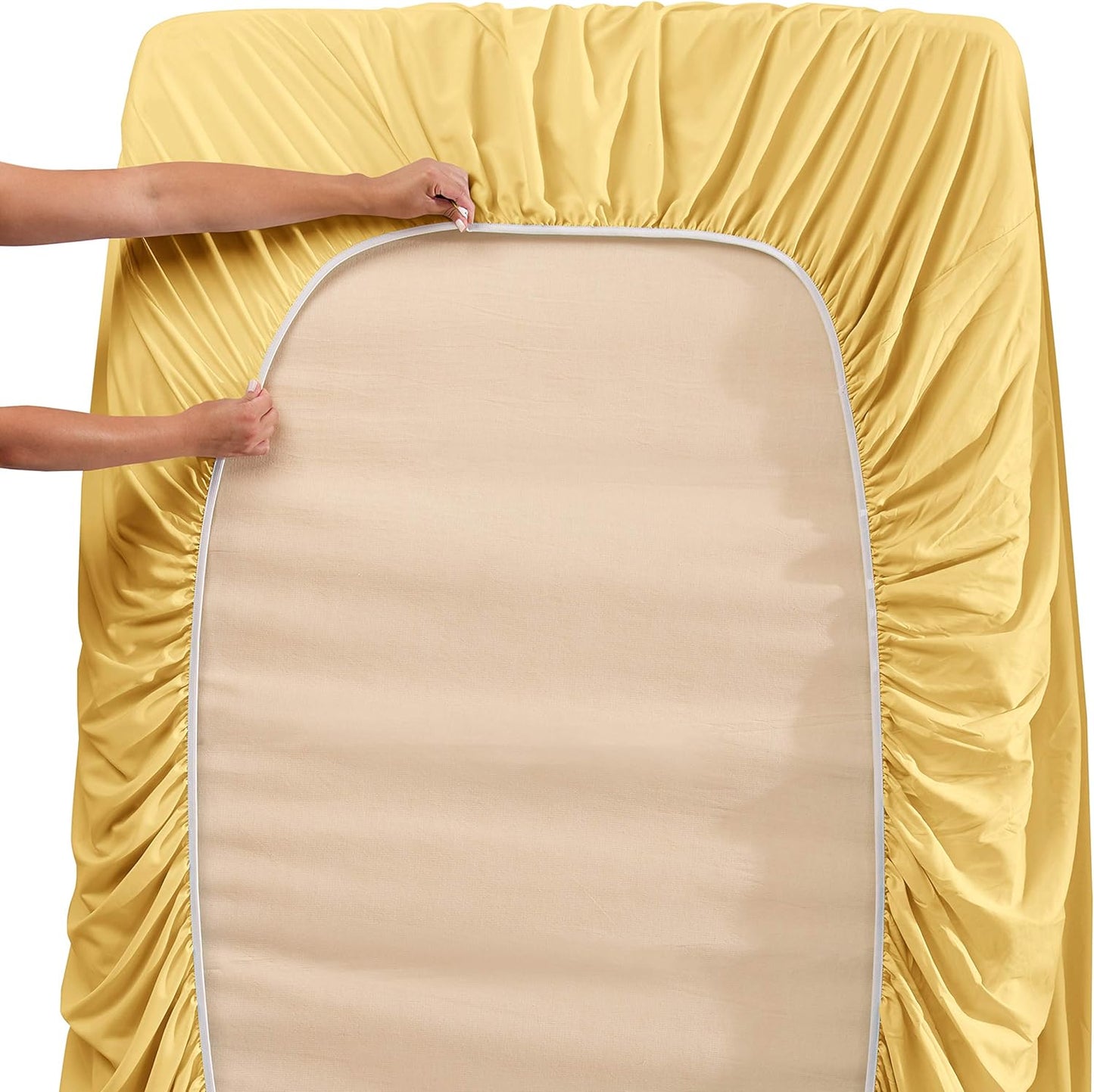 Queen Size Sheets - 4 Piece Bed Sheet Set, Hotel Luxury Double Brushed Bed Sheets - Extra Soft Bedding Sheets & Pillowcases, Queen, Mellow Yellow