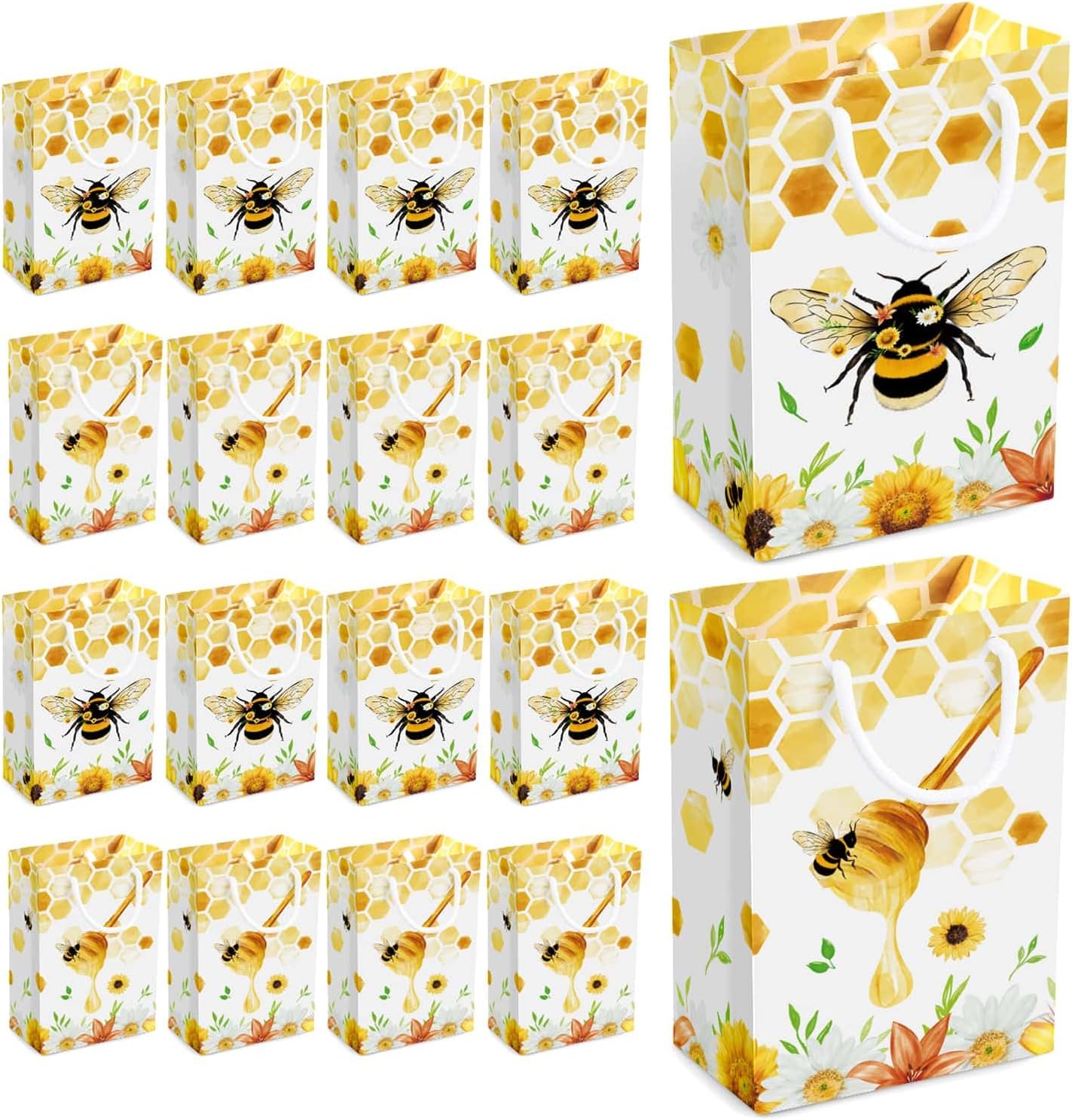 16 PCS Honey Bee Party Gift Bags Treat Pouch | Honey Bee & Bumble Bees Birthday Decorations, Beehive Candy Treat Goodie Bags with Handle for Kids Girls, Baby Shower Wedding