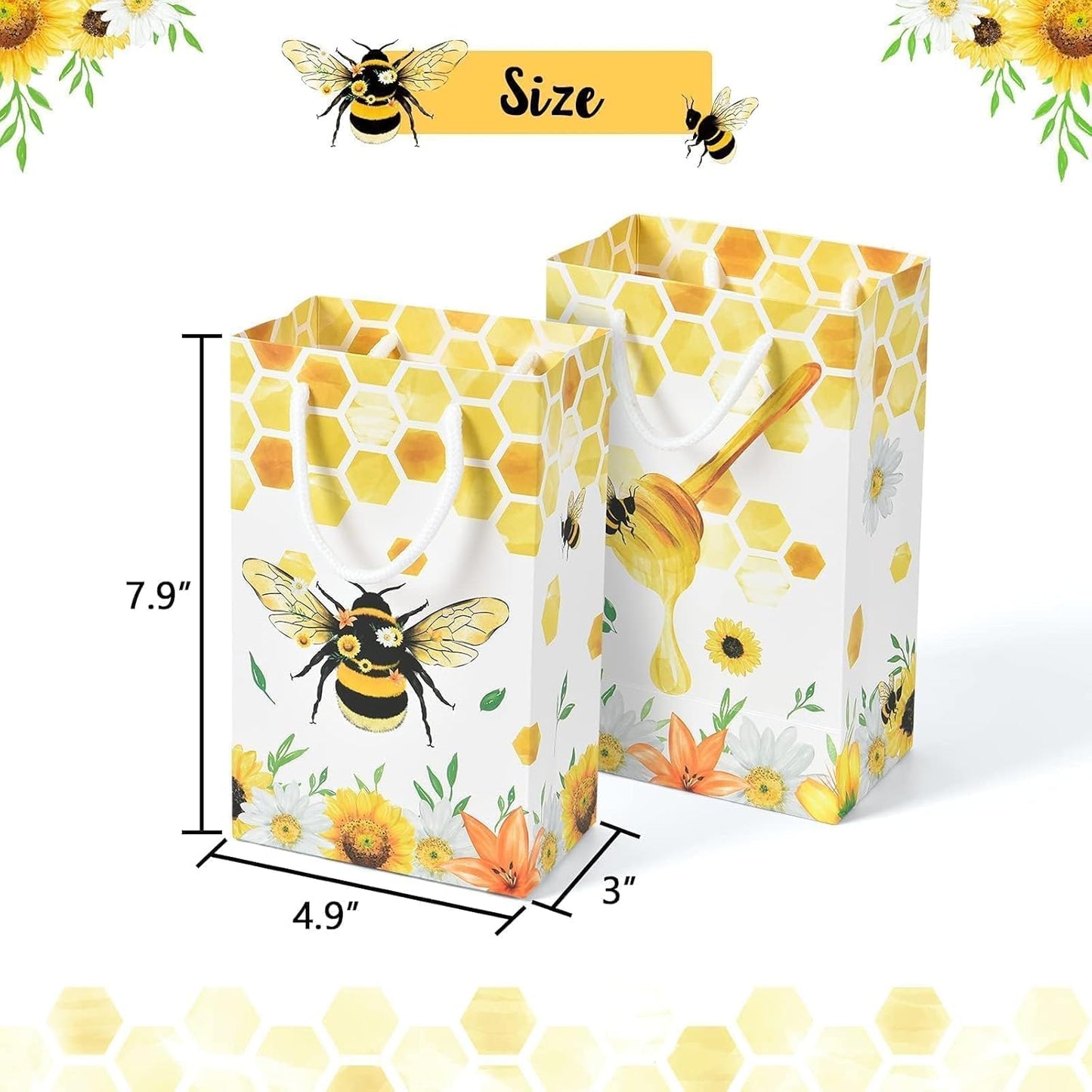16 PCS Honey Bee Party Gift Bags Treat Pouch | Honey Bee & Bumble Bees Birthday Decorations, Beehive Candy Treat Goodie Bags with Handle for Kids Girls, Baby Shower Wedding