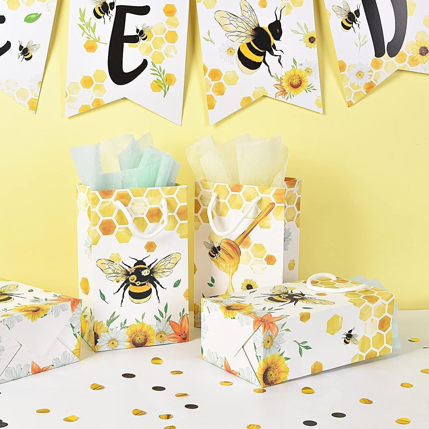 16 PCS Honey Bee Party Gift Bags Treat Pouch | Honey Bee & Bumble Bees Birthday Decorations, Beehive Candy Treat Goodie Bags with Handle for Kids Girls, Baby Shower Wedding
