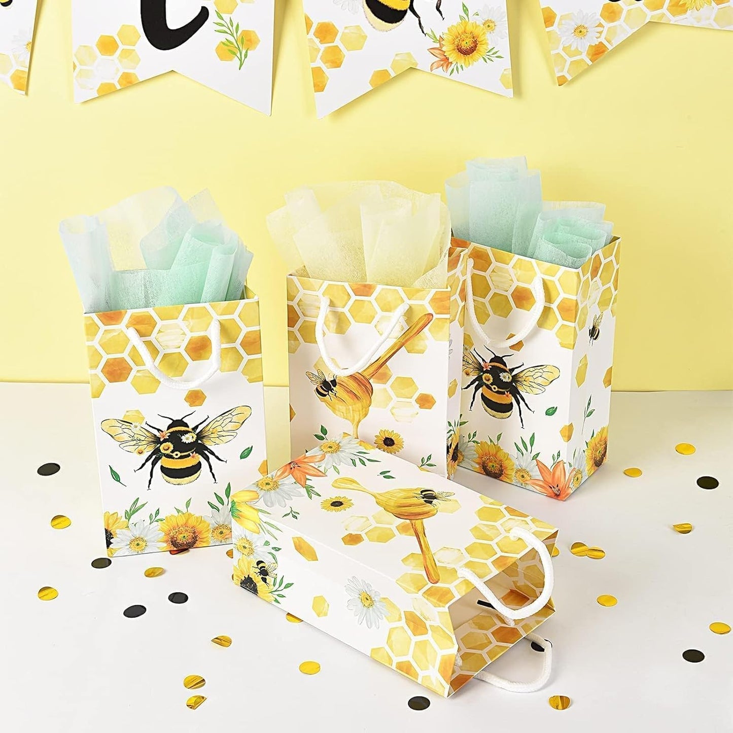 16 PCS Honey Bee Party Gift Bags Treat Pouch | Honey Bee & Bumble Bees Birthday Decorations, Beehive Candy Treat Goodie Bags with Handle for Kids Girls, Baby Shower Wedding