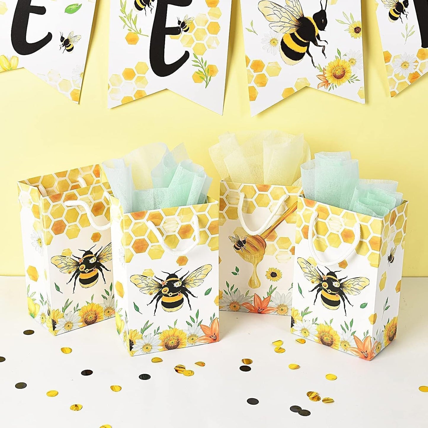 16 PCS Honey Bee Party Gift Bags Treat Pouch | Honey Bee & Bumble Bees Birthday Decorations, Beehive Candy Treat Goodie Bags with Handle for Kids Girls, Baby Shower Wedding