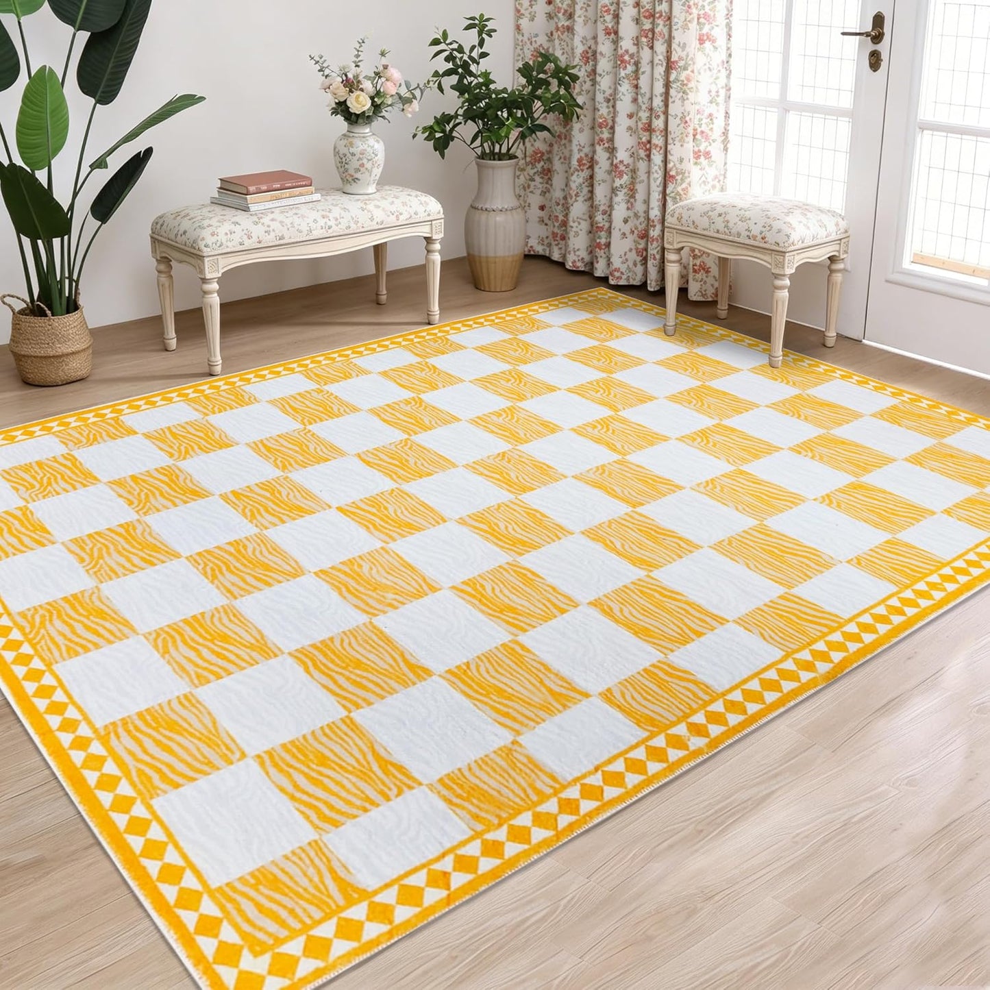 Checkered Rug Carpet 5x6.6Ft Modern Abstract Zebra Mat for Kids Boys Girls Bedroom Farmhouse Living Room Office Entryway Decor, Chic Stripe and Checkerboard, Nonslip Washable, Yellow