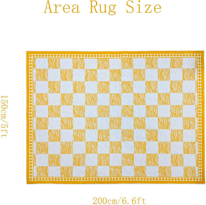 Checkered Rug Carpet 5x6.6Ft Modern Abstract Zebra Mat for Kids Boys Girls Bedroom Farmhouse Living Room Office Entryway Decor, Chic Stripe and Checkerboard, Nonslip Washable, Yellow