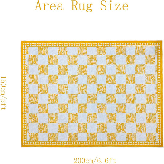 Checkered Rug Carpet 5x6.6Ft Modern Abstract Zebra Mat for Kids Boys Girls Bedroom Farmhouse Living Room Office Entryway Decor, Chic Stripe and Checkerboard, Nonslip Washable, Yellow