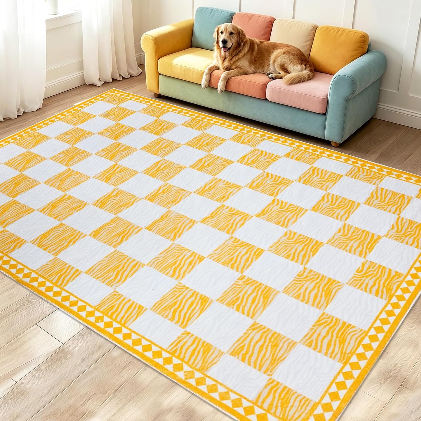 Checkered Rug Carpet 5x6.6Ft Modern Abstract Zebra Mat for Kids Boys Girls Bedroom Farmhouse Living Room Office Entryway Decor, Chic Stripe and Checkerboard, Nonslip Washable, Yellow