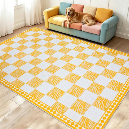 Checkered Rug Carpet 5x6.6Ft Modern Abstract Zebra Mat for Kids Boys Girls Bedroom Farmhouse Living Room Office Entryway Decor, Chic Stripe and Checkerboard, Nonslip Washable, Yellow
