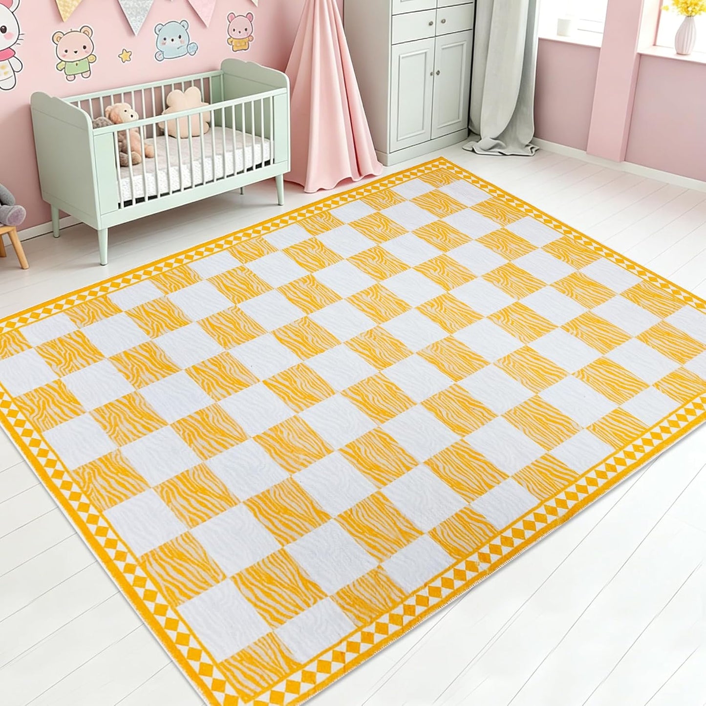 Checkered Rug Carpet 5x6.6Ft Modern Abstract Zebra Mat for Kids Boys Girls Bedroom Farmhouse Living Room Office Entryway Decor, Chic Stripe and Checkerboard, Nonslip Washable, Yellow