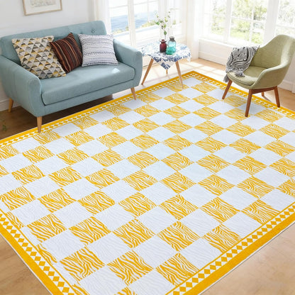 Checkered Rug Carpet 5x6.6Ft Modern Abstract Zebra Mat for Kids Boys Girls Bedroom Farmhouse Living Room Office Entryway Decor, Chic Stripe and Checkerboard, Nonslip Washable, Yellow