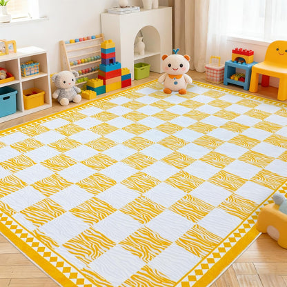 Checkered Rug Carpet 5x6.6Ft Modern Abstract Zebra Mat for Kids Boys Girls Bedroom Farmhouse Living Room Office Entryway Decor, Chic Stripe and Checkerboard, Nonslip Washable, Yellow