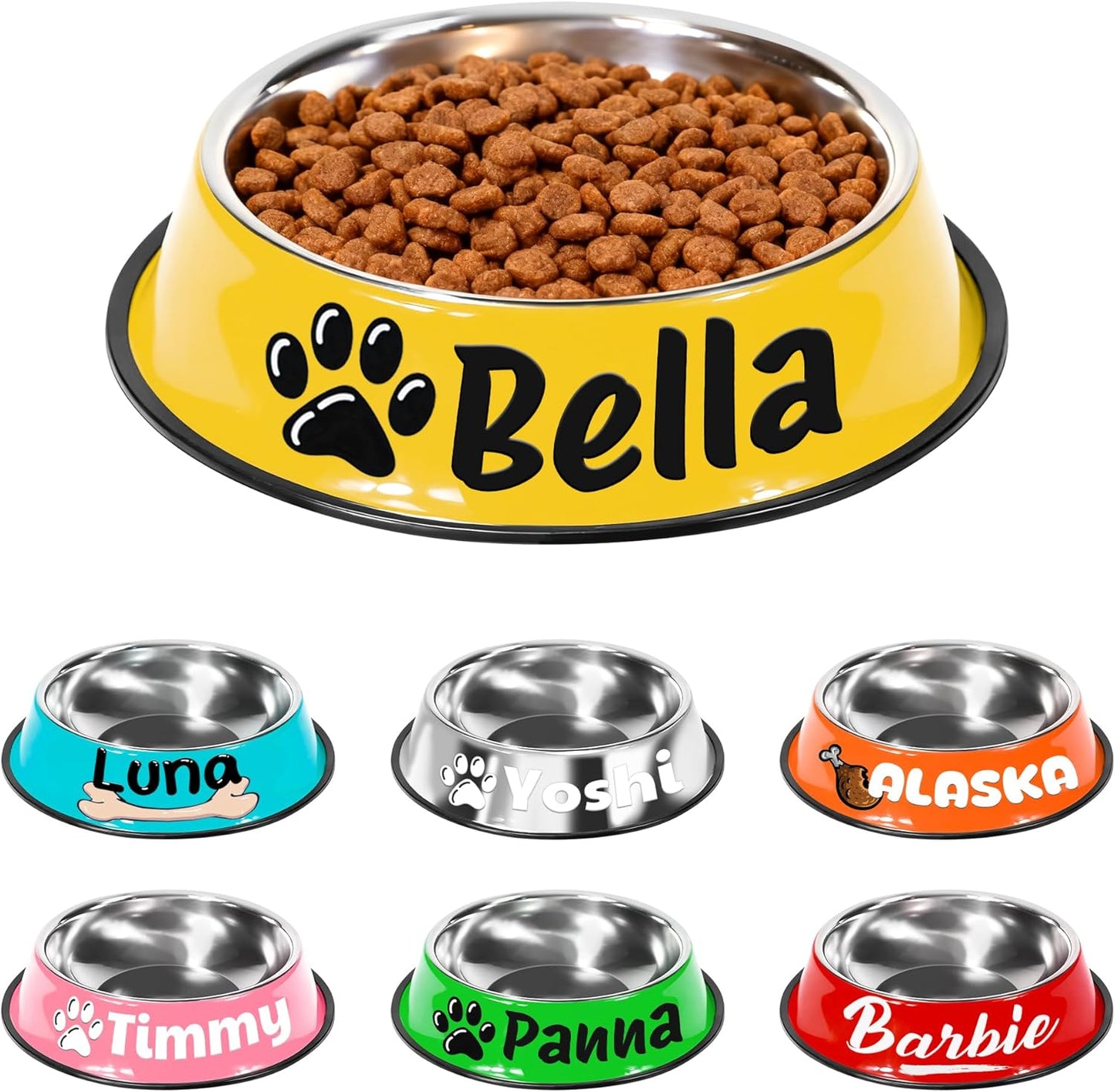 Personalized Dog Bowl, Stainless Steel Food Bowls for Cat Puppies Small Dogs, Custom Name Cute Water Bowl with Non-Slip Bottom, Yellow, S