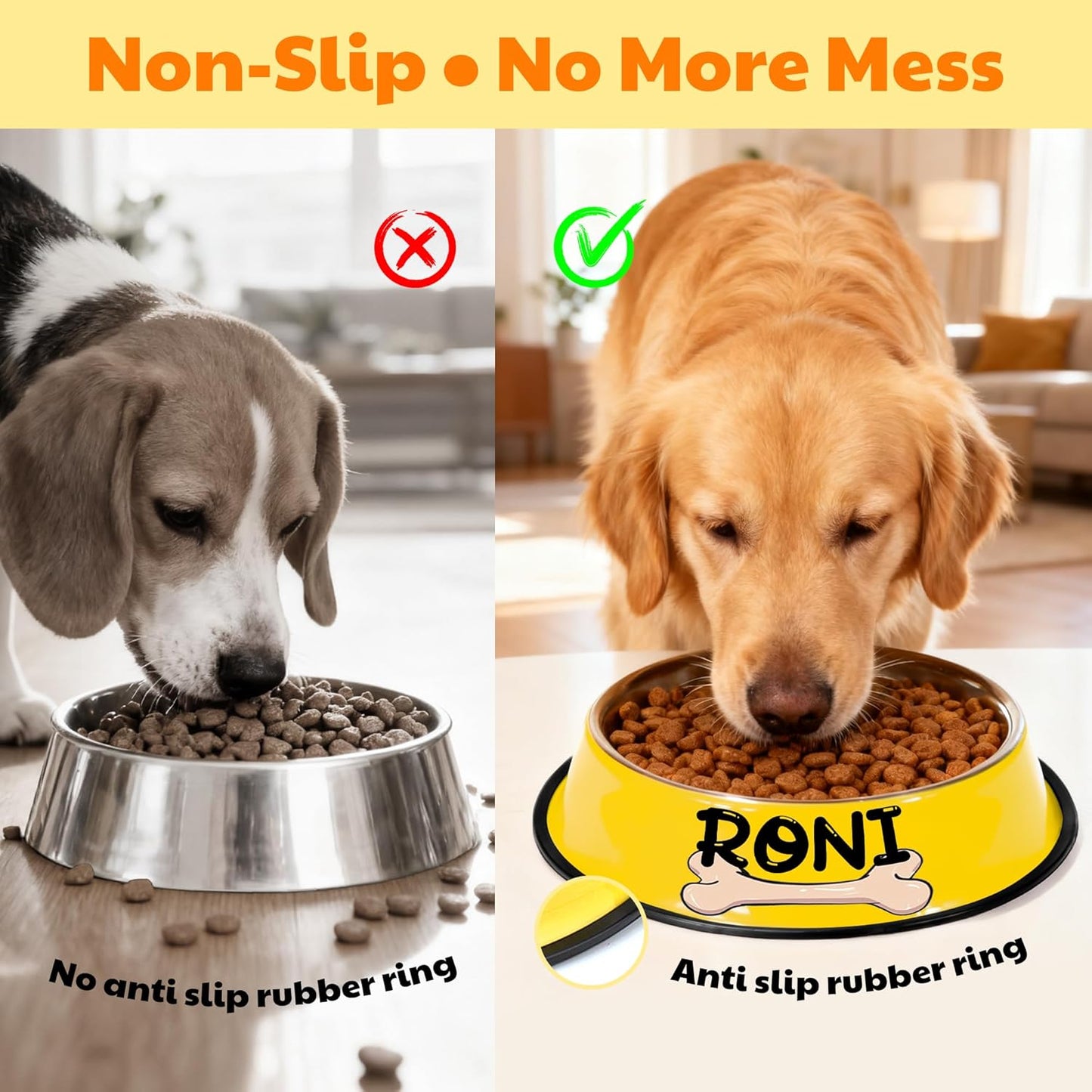 Personalized Dog Bowl, Stainless Steel Food Bowls for Cat Puppies Small Dogs, Custom Name Cute Water Bowl with Non-Slip Bottom, Yellow, S