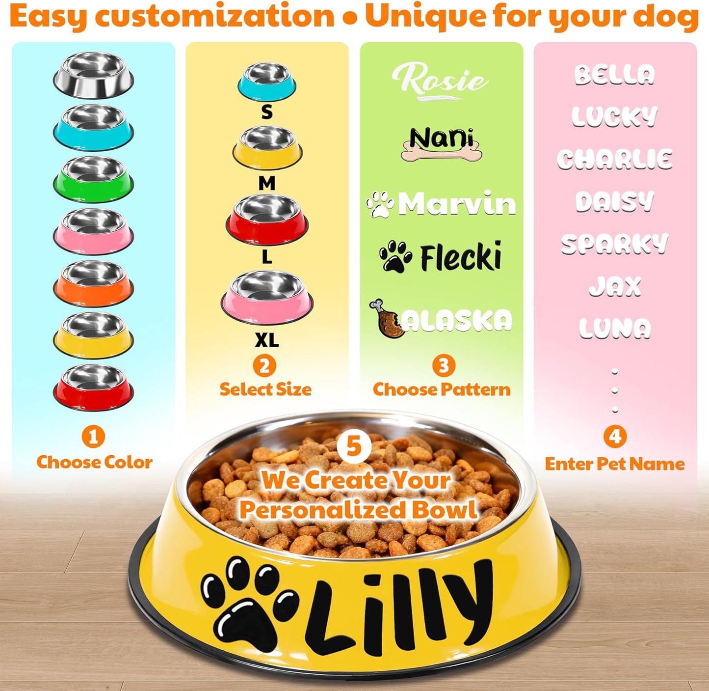 Personalized Dog Bowl, Stainless Steel Food Bowls for Cat Puppies Small Dogs, Custom Name Cute Water Bowl with Non-Slip Bottom, Yellow, S