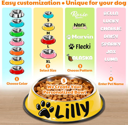 Personalized Dog Bowl, Stainless Steel Food Bowls for Cat Puppies Small Dogs, Custom Name Cute Water Bowl with Non-Slip Bottom, Yellow, S