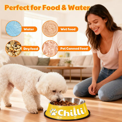Personalized Dog Bowl, Stainless Steel Food Bowls for Cat Puppies Small Dogs, Custom Name Cute Water Bowl with Non-Slip Bottom, Yellow, S