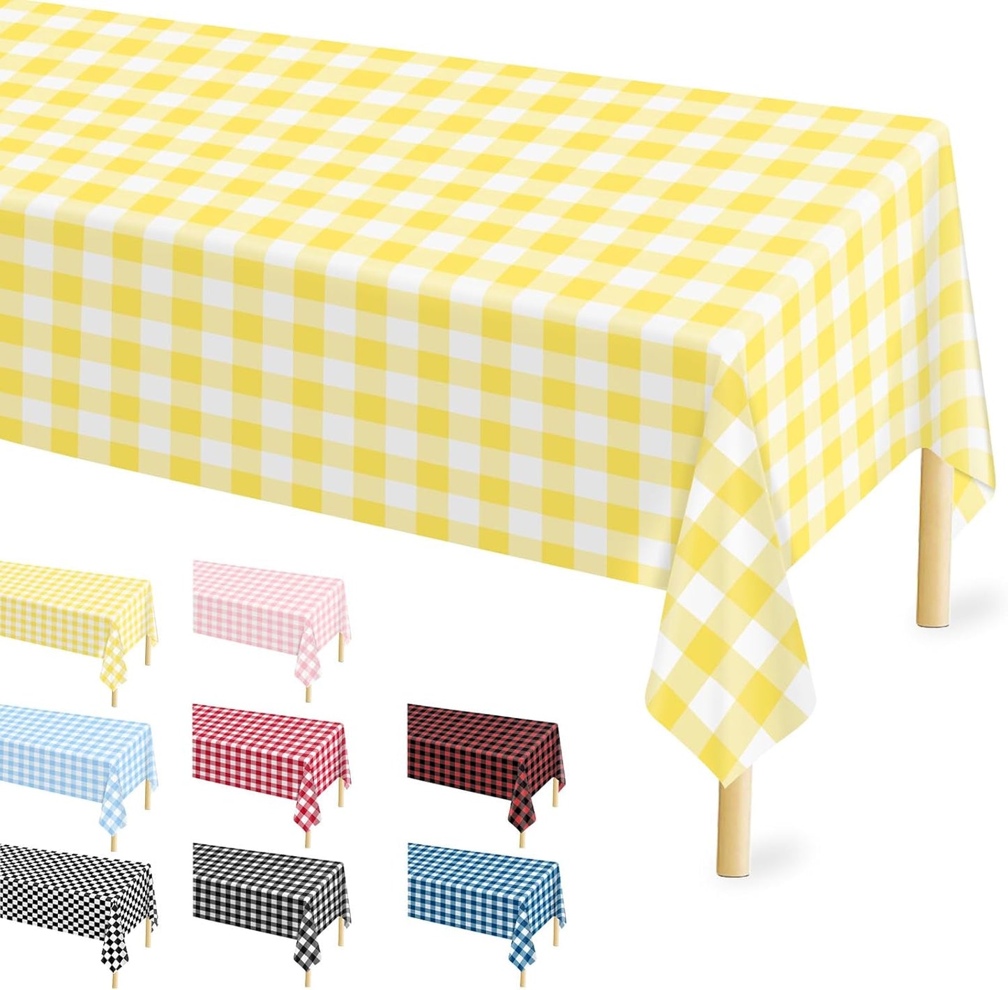 2 Pcs Yellow and White Checkered Tablecloth, 54 × 108 inches Disposable Yellow Plaid Table Covers Plastic Gingham Tablecloth for Outdoor Picnic Birthday Baby Shower Holdiay Party Decoration