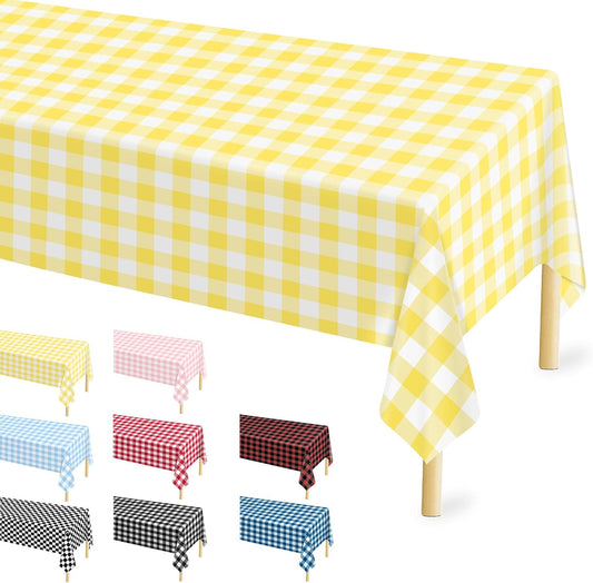 2 Pcs Yellow and White Checkered Tablecloth, 54 × 108 inches Disposable Yellow Plaid Table Covers Plastic Gingham Tablecloth for Outdoor Picnic Birthday Baby Shower Holdiay Party Decoration
