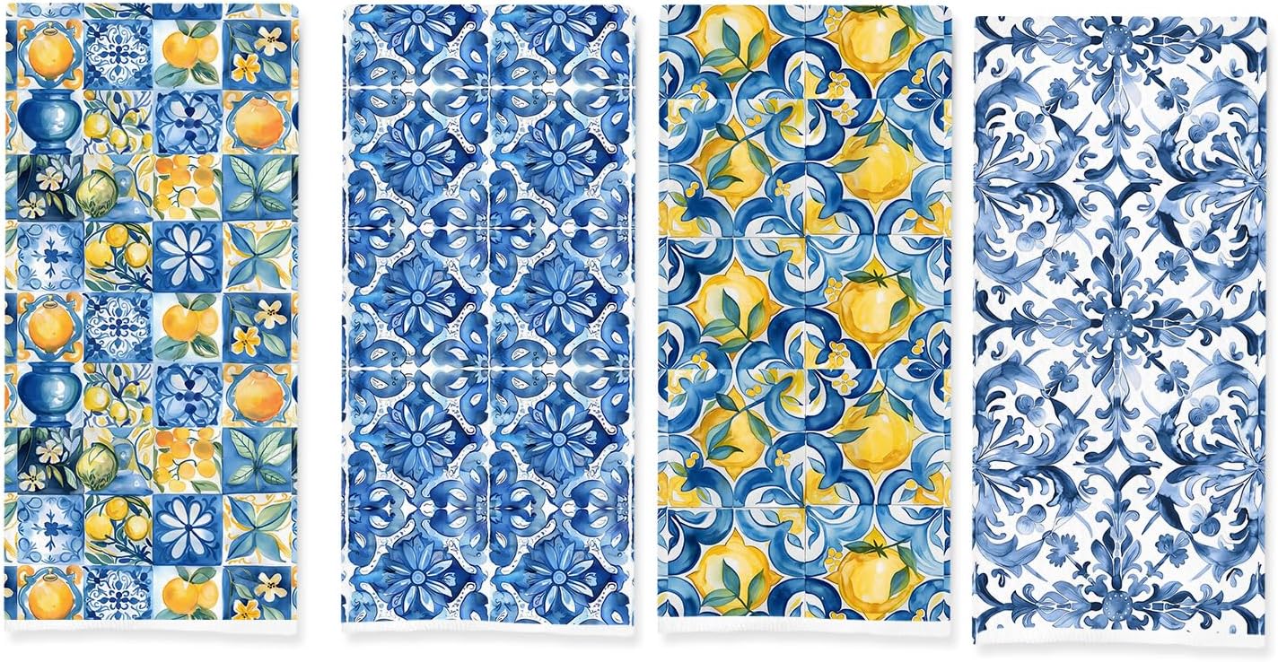 Blue and White Italian Lemon Kitchen Towels, Mediterranean Decor, Italian Tiles Lemon Floral Decorative Dish Tea Hand Towels for Kitchen Bathroom, 16x24 Inch Set of 4