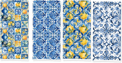 Blue and White Italian Lemon Kitchen Towels, Mediterranean Decor, Italian Tiles Lemon Floral Decorative Dish Tea Hand Towels for Kitchen Bathroom, 16x24 Inch Set of 4
