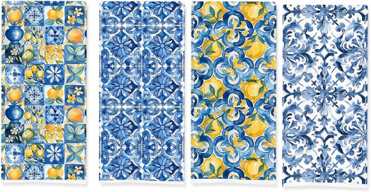 Blue and White Italian Lemon Kitchen Towels, Mediterranean Decor, Italian Tiles Lemon Floral Decorative Dish Tea Hand Towels for Kitchen Bathroom, 16x24 Inch Set of 4