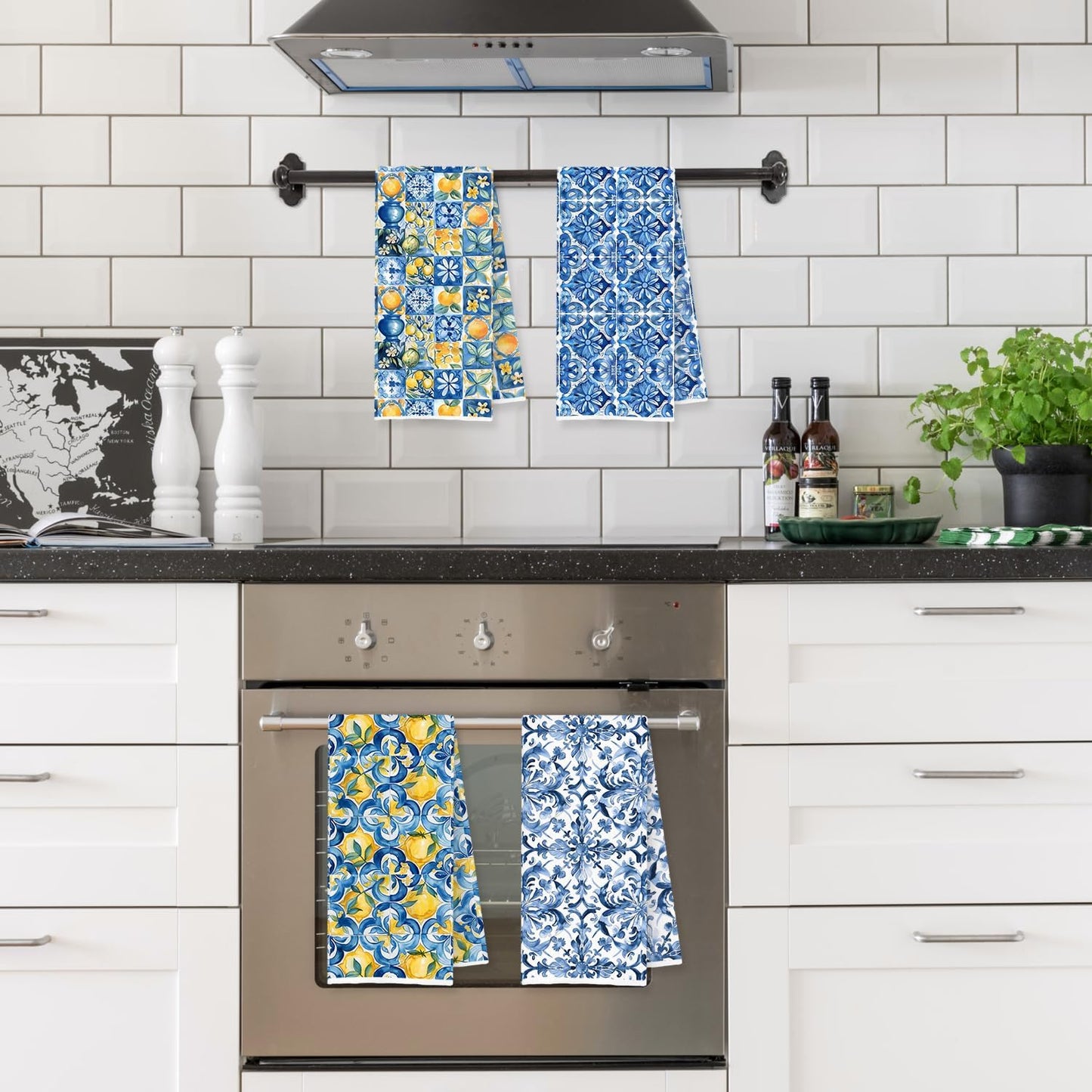 Blue and White Italian Lemon Kitchen Towels, Mediterranean Decor, Italian Tiles Lemon Floral Decorative Dish Tea Hand Towels for Kitchen Bathroom, 16x24 Inch Set of 4