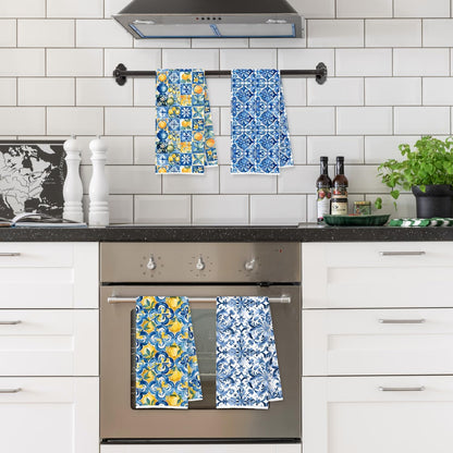 Blue and White Italian Lemon Kitchen Towels, Mediterranean Decor, Italian Tiles Lemon Floral Decorative Dish Tea Hand Towels for Kitchen Bathroom, 16x24 Inch Set of 4