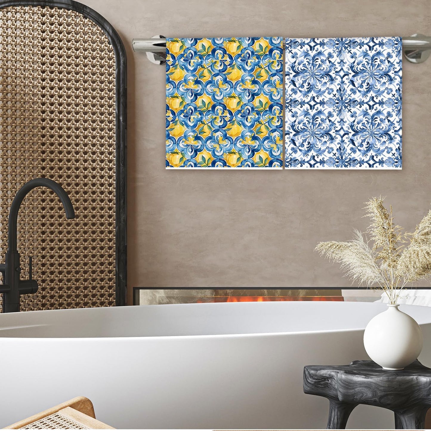 Blue and White Italian Lemon Kitchen Towels, Mediterranean Decor, Italian Tiles Lemon Floral Decorative Dish Tea Hand Towels for Kitchen Bathroom, 16x24 Inch Set of 4