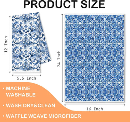 Blue and White Italian Lemon Kitchen Towels, Mediterranean Decor, Italian Tiles Lemon Floral Decorative Dish Tea Hand Towels for Kitchen Bathroom, 16x24 Inch Set of 4