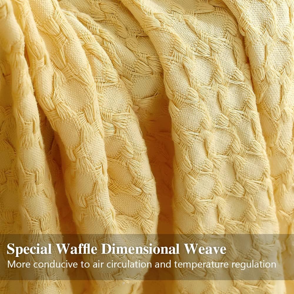 100% Cotton Throw Blanket for Couch, Bed, Waffle Weave Knit Blanket with Tassels, Soft Lightweight Pre-Washed Breathable Comfy Blanket Farmhouse Decor for All-Season(Light Yellow)