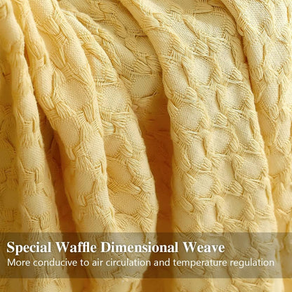 100% Cotton Throw Blanket for Couch, Bed, Waffle Weave Knit Blanket with Tassels, Soft Lightweight Pre-Washed Breathable Comfy Blanket Farmhouse Decor for All-Season(Light Yellow)
