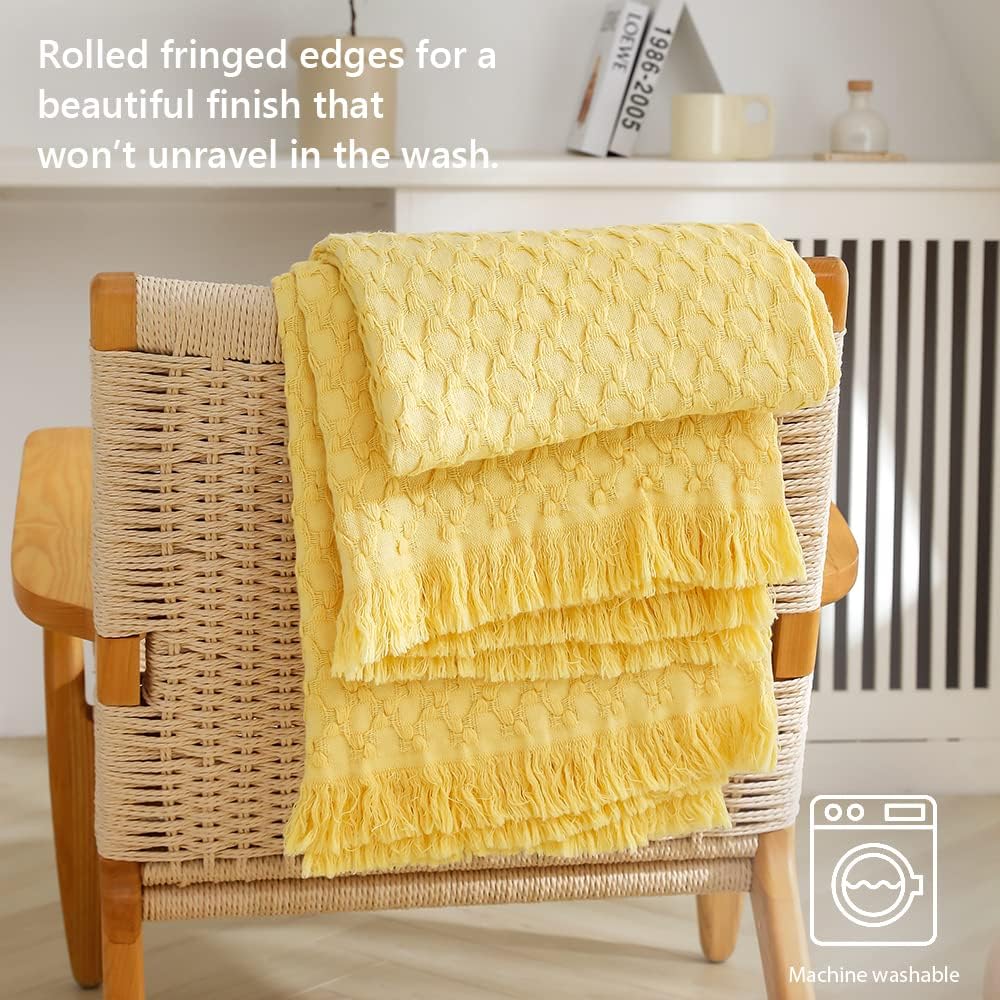100% Cotton Throw Blanket for Couch, Bed, Waffle Weave Knit Blanket with Tassels, Soft Lightweight Pre-Washed Breathable Comfy Blanket Farmhouse Decor for All-Season(Light Yellow)