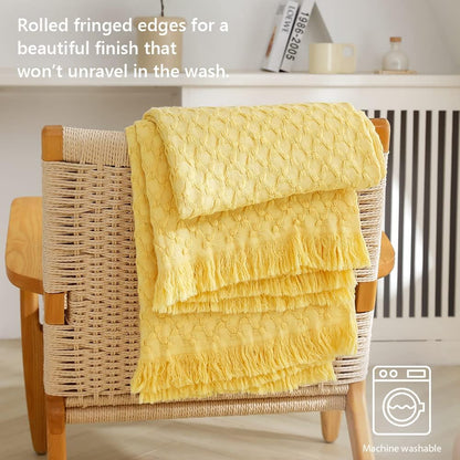 100% Cotton Throw Blanket for Couch, Bed, Waffle Weave Knit Blanket with Tassels, Soft Lightweight Pre-Washed Breathable Comfy Blanket Farmhouse Decor for All-Season(Light Yellow)