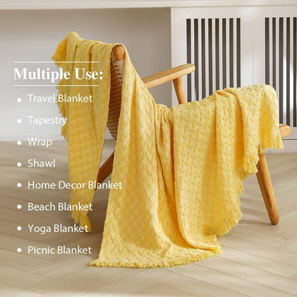 100% Cotton Throw Blanket for Couch, Bed, Waffle Weave Knit Blanket with Tassels, Soft Lightweight Pre-Washed Breathable Comfy Blanket Farmhouse Decor for All-Season(Light Yellow)