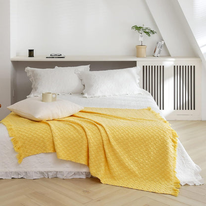 100% Cotton Throw Blanket for Couch, Bed, Waffle Weave Knit Blanket with Tassels, Soft Lightweight Pre-Washed Breathable Comfy Blanket Farmhouse Decor for All-Season(Light Yellow)