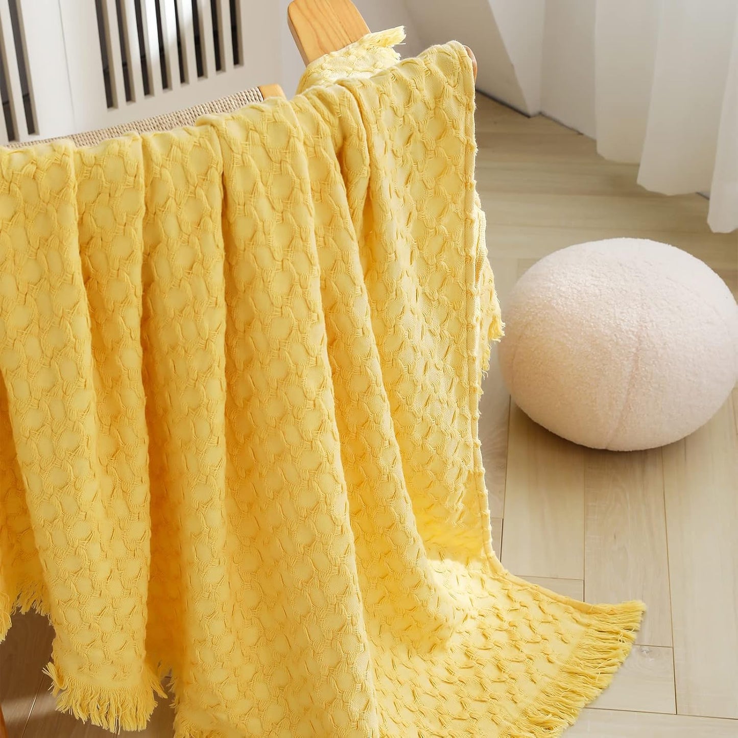 100% Cotton Throw Blanket for Couch, Bed, Waffle Weave Knit Blanket with Tassels, Soft Lightweight Pre-Washed Breathable Comfy Blanket Farmhouse Decor for All-Season(Light Yellow)