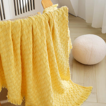 100% Cotton Throw Blanket for Couch, Bed, Waffle Weave Knit Blanket with Tassels, Soft Lightweight Pre-Washed Breathable Comfy Blanket Farmhouse Decor for All-Season(Light Yellow)