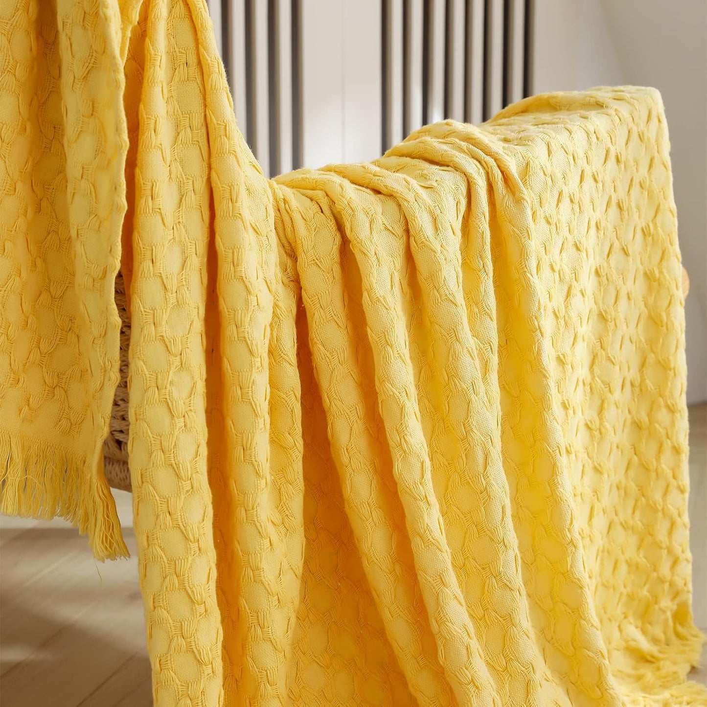 100% Cotton Throw Blanket for Couch, Bed, Waffle Weave Knit Blanket with Tassels, Soft Lightweight Pre-Washed Breathable Comfy Blanket Farmhouse Decor for All-Season(Light Yellow)