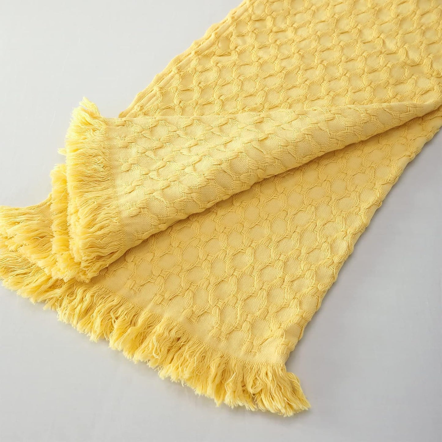 100% Cotton Throw Blanket for Couch, Bed, Waffle Weave Knit Blanket with Tassels, Soft Lightweight Pre-Washed Breathable Comfy Blanket Farmhouse Decor for All-Season(Light Yellow)