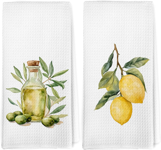 Farmhouse Summer Olive Lemon Kitchen Towels Dishcloth Set of 2, Lemon Gifts Decor Dish Towels, Minimalist Summer Fruit Olive Oil Decorative Hand Tea Towel for Kitchen, 16x24 Inch