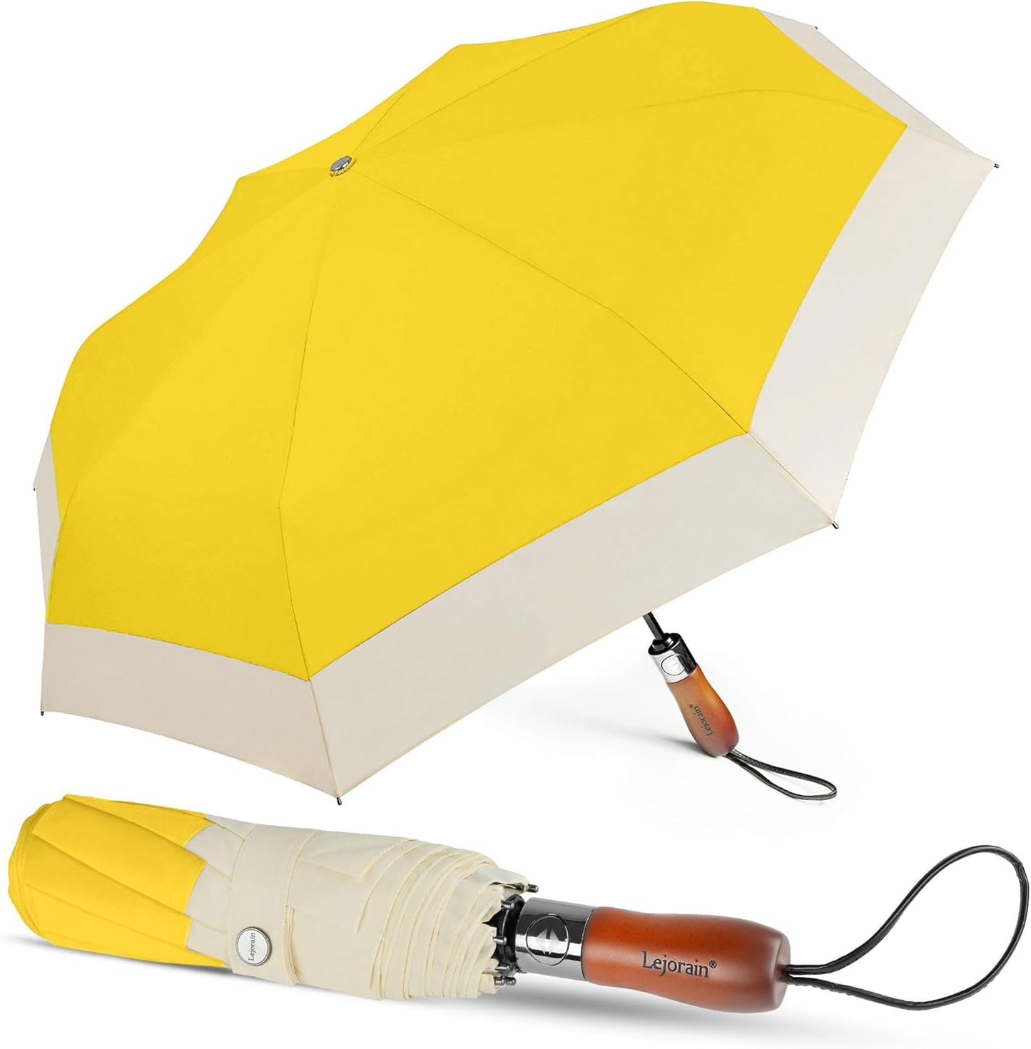 Large Golf Umbrella 54 Inch Compact Folding Auto Close Wood Handle Rain | Big oversized canopy, collapsible frame, one-button rain control, 210T waterproof fabric, wooden grip for travel daily use