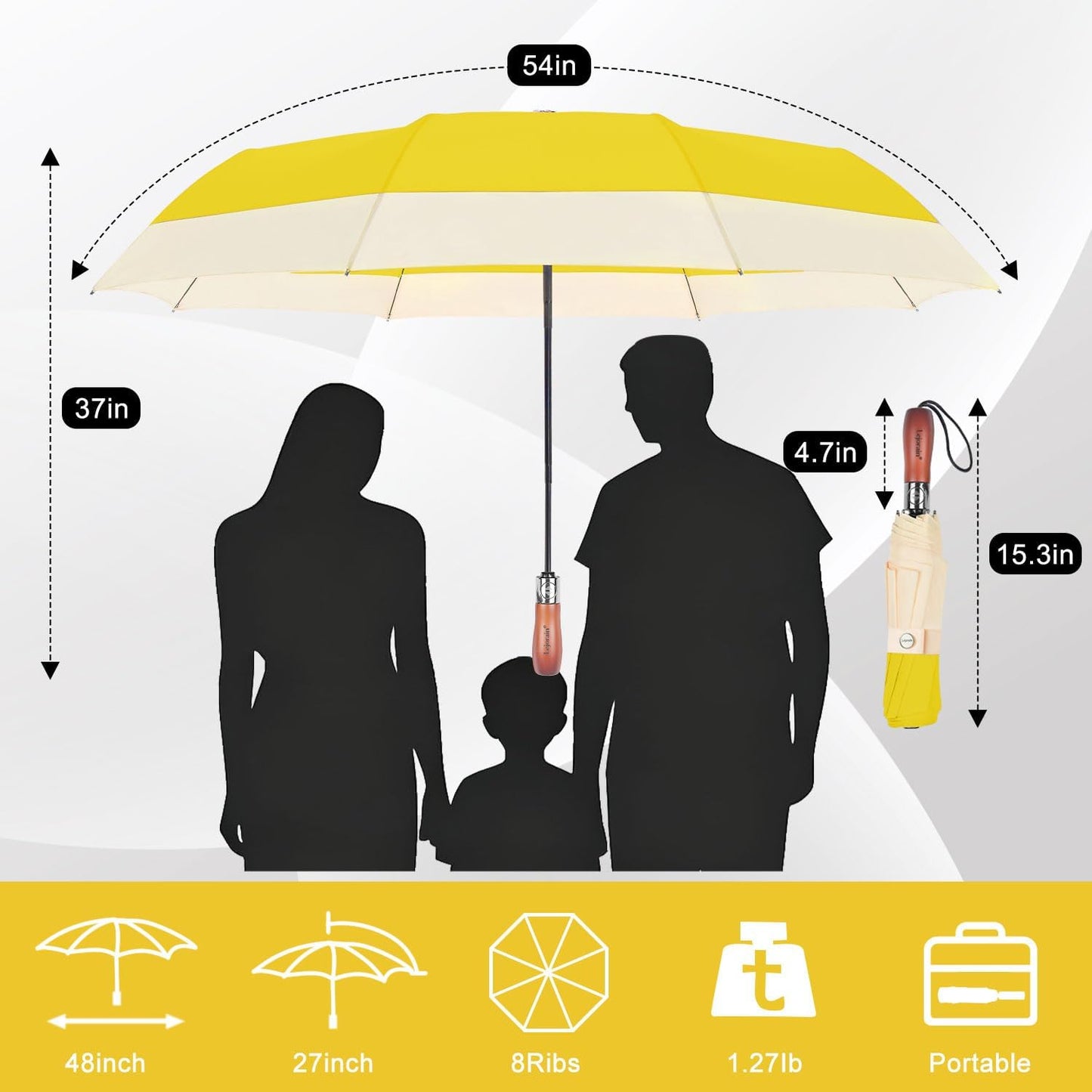 Large Golf Umbrella 54 Inch Compact Folding Auto Close Wood Handle Rain | Big oversized canopy, collapsible frame, one-button rain control, 210T waterproof fabric, wooden grip for travel daily use