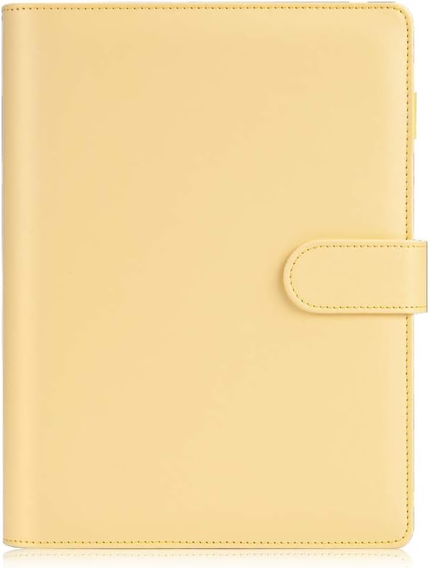 A5 Notebook Photocard Binder, 6 Ring Planner, Stylish Loose Leaf Personal Organizer Cover with Magnetic Buckle, PU Leather Binder Women with Soft Colors (Yellow)