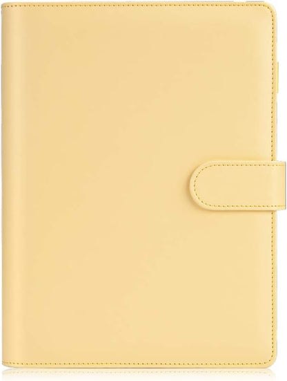 A5 Notebook Photocard Binder, 6 Ring Planner, Stylish Loose Leaf Personal Organizer Cover with Magnetic Buckle, PU Leather Binder Women with Soft Colors (Yellow)