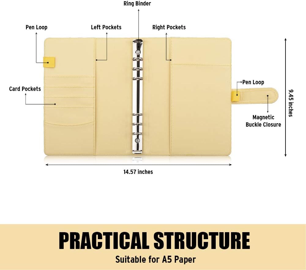 A5 Notebook Photocard Binder, 6 Ring Planner, Stylish Loose Leaf Personal Organizer Cover with Magnetic Buckle, PU Leather Binder Women with Soft Colors (Yellow)