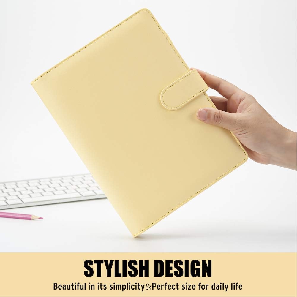 A5 Notebook Photocard Binder, 6 Ring Planner, Stylish Loose Leaf Personal Organizer Cover with Magnetic Buckle, PU Leather Binder Women with Soft Colors (Yellow)