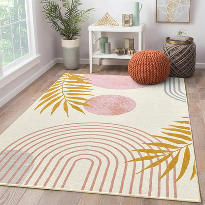 Cute Pink Nuresry Rug Washable, Boho Modern Contemporary Aesthetic 4x6 Area Rugs for Bedroom Dining Living Room Dorm, Abstract Art Tropical Leaves Thin Indoor Entryway Rug Carpet